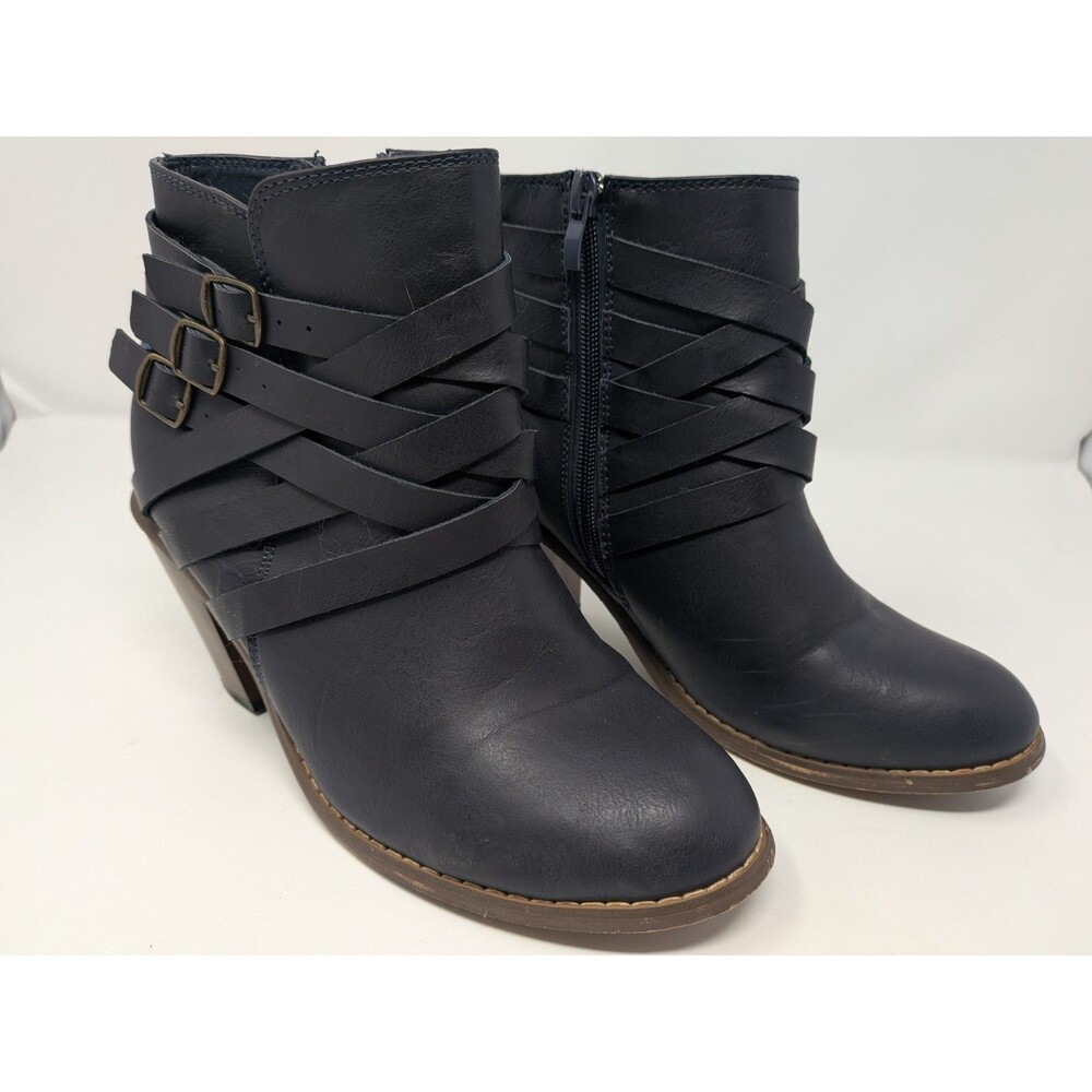 Journee Collection Navy Strappy Buckle Ankle Boots Sz 8 Block Heel Equestrian